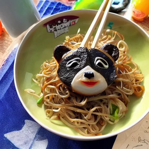 Prompt: Little raccoon crispy noodles,anime style