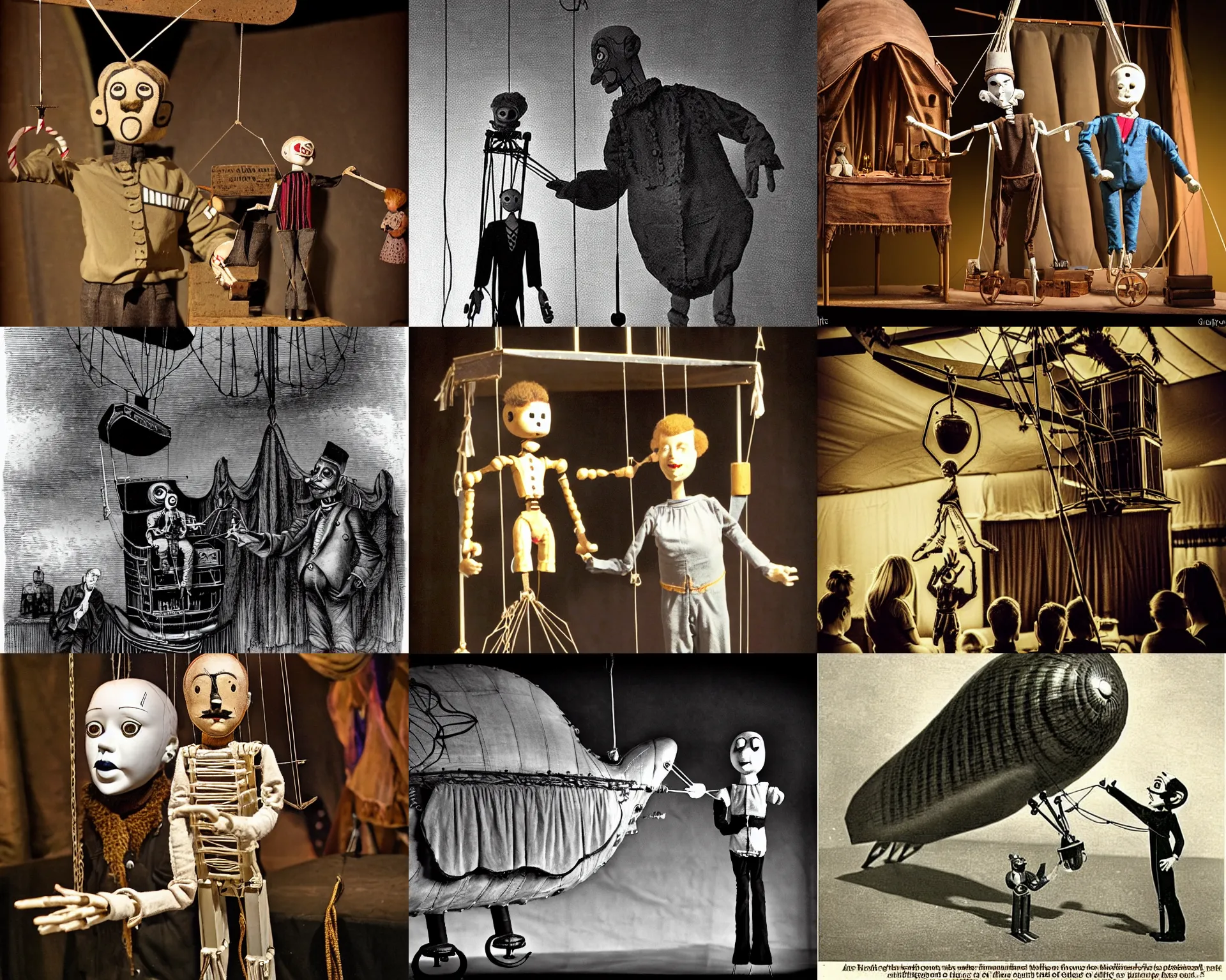 Prompt: The airship and the puppet show has taken on a life of its own. I have to imagine that the animatronic marionette is not being controlled by a sentient soul. The marionette has a mind of its own. The marionette looks like it's in on a mind-bending mind-control scheme. We see the marionette, we see ourselves, we see our own egos. What an eerie balloon animal, a marionette, the most transcendent of all. What is happening to the marionette? It looks like the balloon balloon is about to fall.