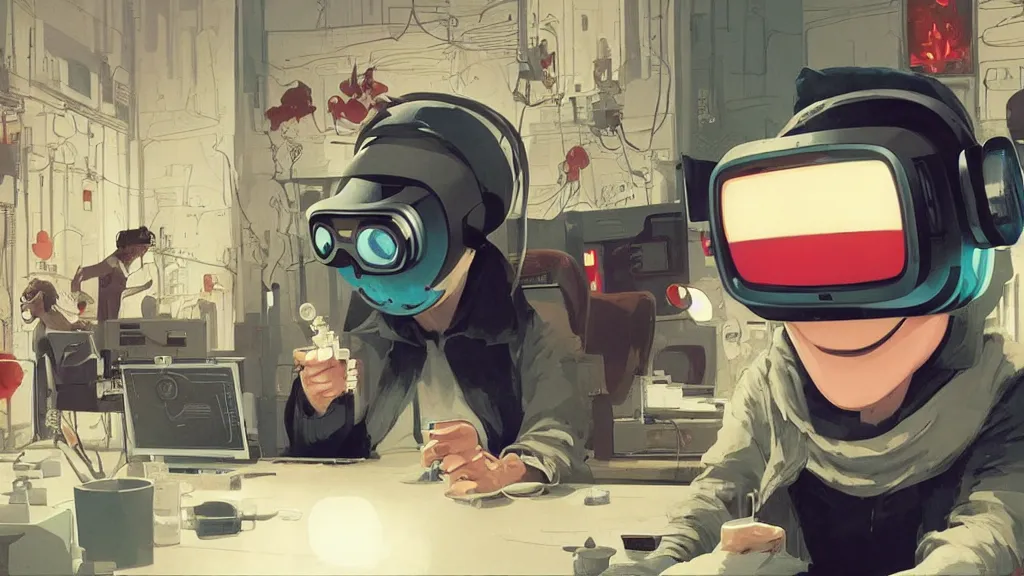 Prompt: happy hacker at a computer in a vr mask in a scifi movie, by jamie hewlett, nuri iyem, james gurney, james jean, greg rutkowski, anato finnstark. pixar. hyper detailed, 5 0 mm, perfect faces