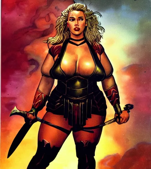 Prompt: 1 9 8 0 s fantasy novel book cover, bbw plus size amazonian scarlett johansson in extremely tight bikini armor wielding a cartoonishly large sword, exaggerated body features, dark and smoky background, low quality print