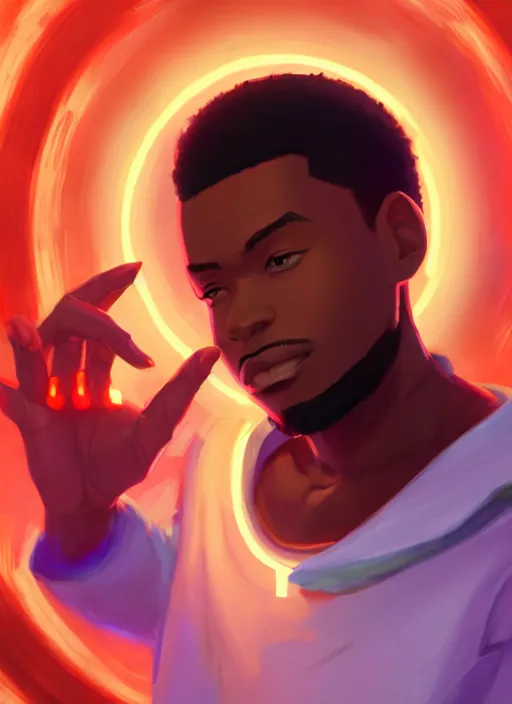 Prompt: handsome african - american engineer stepping through an electric portal, male and full body shot | hyperrealistic digital painting by makoto shinkai, ilya kuvshinov, lois van baarle, rossdraws | afrofuturism in the style of hearthstone and overwatch, trending on artstation | orange highlights and complimentary colors