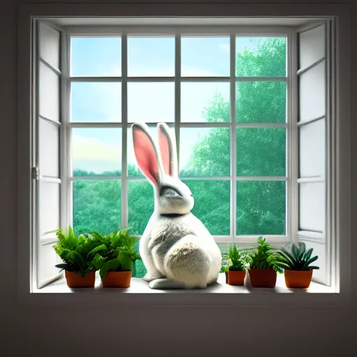 Prompt: beautiful peaceful dreamy painting of a big bunny sitting by a window and looking outside, sunshine coming through the window, small plants on the window sill, 8k, hyper realism, trending on artstation, octane render