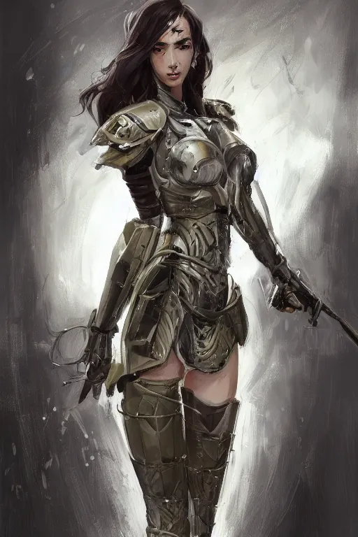 Prompt: a professional portrait of an attractive young woman, clothed in military-style battle armor, olive skin, long dark hair, beautiful bone structure, symmetrical facial features, intricate, elegant, digital painting, trending on Artstation, concept art, smooth, sharp focus, illustration, finely detailed, from Metal Gear by Ruan Jia and Mandy Jurgens and Artgerm and William-Adolphe Bouguerea, award winning