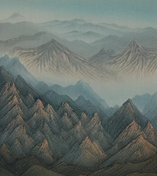 Prompt: mountains by xu beihong, yun shouping