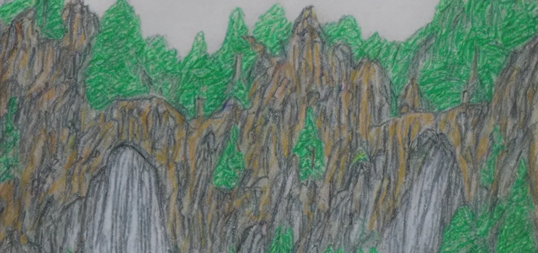 Prompt: Rivendell poorly drawn in crayon by a five-year old