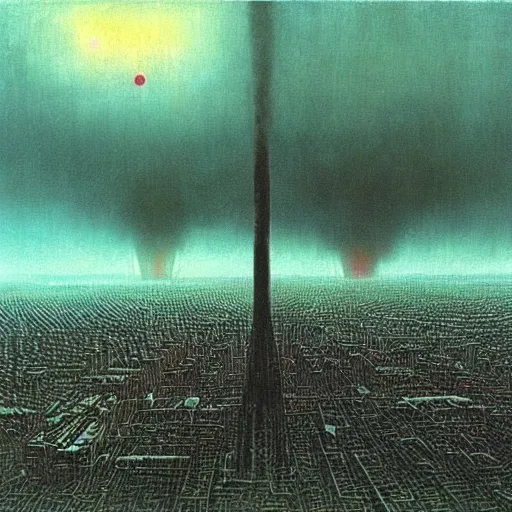 Prompt: a city being annihilated by nuclear hellfire, a nuclear blast, painted by zdzislaw beksinski, melancholy