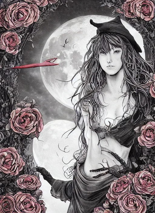 Prompt: portrait, A young witch in front of the full big moon, book cover, red roses, red white black colors, establishing shot, extremly high detail, foto realistic, cinematic lighting, pen and ink, intricate line drawings, by Yoshitaka Amano, Ruan Jia, Kentaro Miura, Artgerm, post processed, concept art, artstation, matte painting, style by eddie, raphael lacoste, alex ross