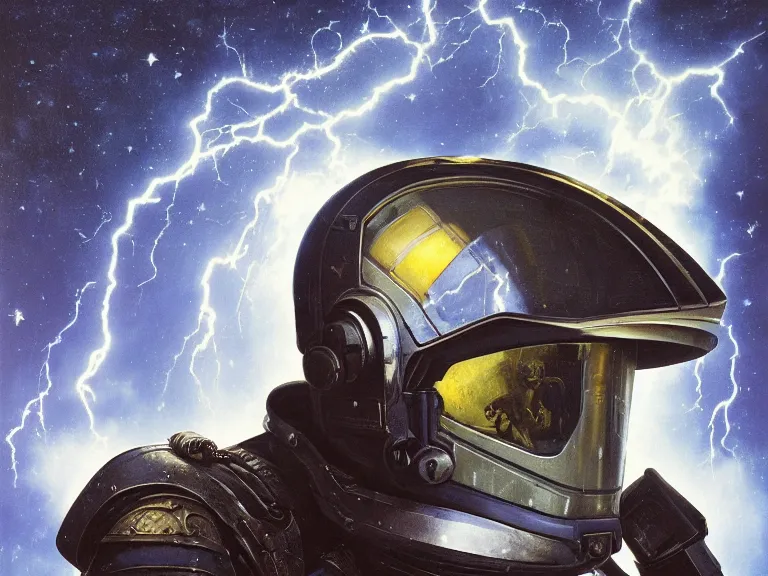 Image similar to a detailed profile oil painting of a lone shock trooper in a space armour with reflective helmet, cinematic sci-fi poster. technology flight suit, bounty hunter portrait symmetrical and science fiction theme with lightning, aurora lighting clouds and stars by beksinski carl spitzweg and tuomas korpi. baroque elements, full-length view. baroque element. intricate artwork by caravaggio. Trending on artstation. 8k