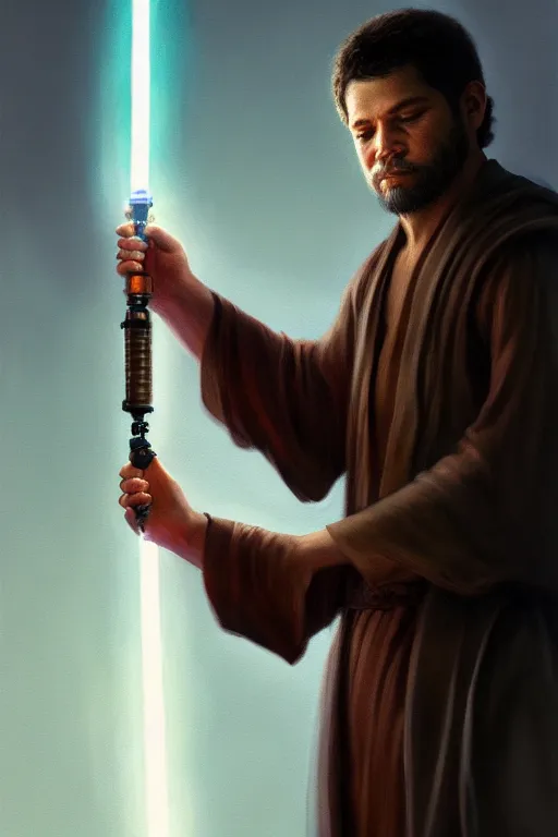 Image similar to breathtaking detailed concept art painting of a jedi luis inacio lula da silva holding a lightsaber, by hsiao - ron cheng, exquisite detail, extremely moody lighting, 8 k