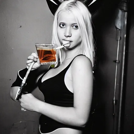 Prompt: portrait of a blonde cyborg womal with batman ears drinking and smoking at a local bar 35mm leica zeiss film