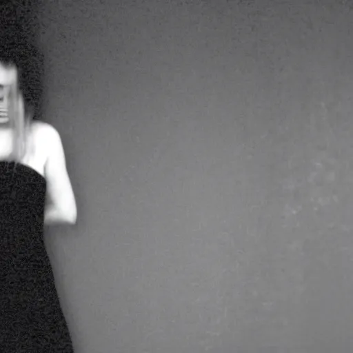 Prompt: still from a homemade video of some despair as lars von trier would depict it, she is 2 3 and listens to prurient, photo, black and white, the background is unsafe, insanely detailed, foggy like in norwegian black metal aesthetic