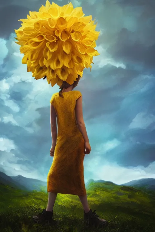 Image similar to closeup girl with giant yellow dahlia flower head, standing on mountain, surreal photography, blue storm clouds, dramatic light, impressionist painting, digital painting, artstation, simon stalenhag