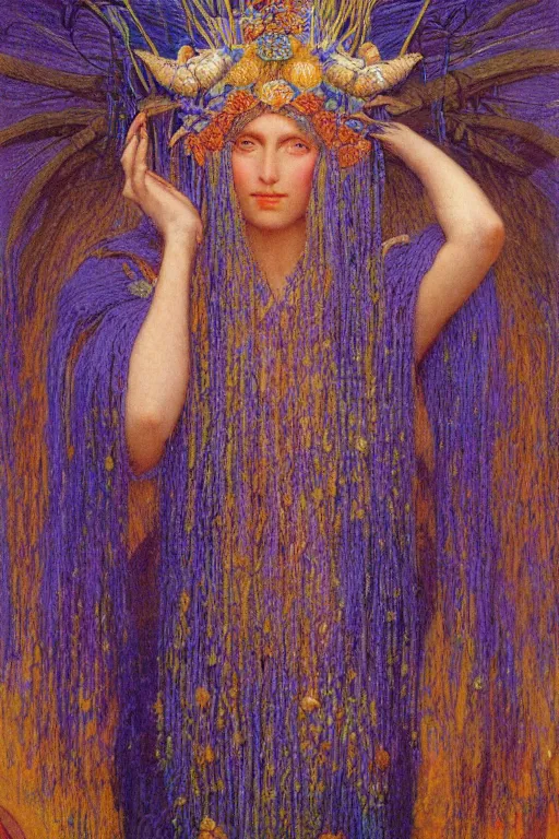 Image similar to queen of spring, by jean delville and Gaston Bussière and Tino Rodriguez and Diego Rivera , elaborate headdress and embroidered velvet, iridescent beetles, rich color, dramatic cinematic lighting, extremely detailed