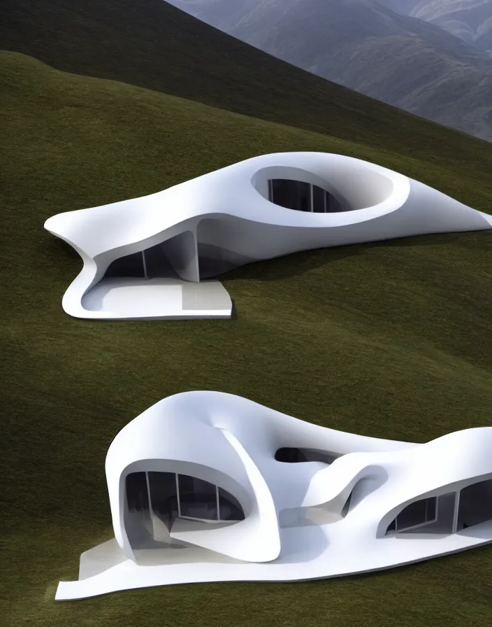 Image similar to zaha hadid 3 d construction printed house on the mountain, soft light