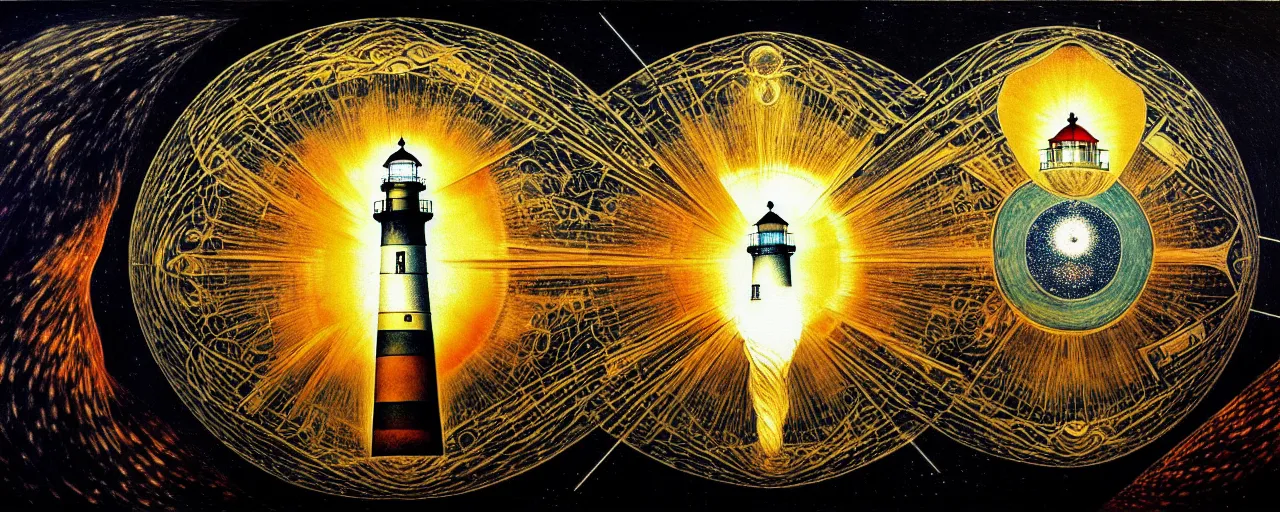 Image similar to an epic lighthouse radiates a unique canto'as above so below'while being ignited by the spirit of haeckel and robert fludd, breakthrough is iminent, glory be to the magic within, in honor of saturn, painted by ronny khalil