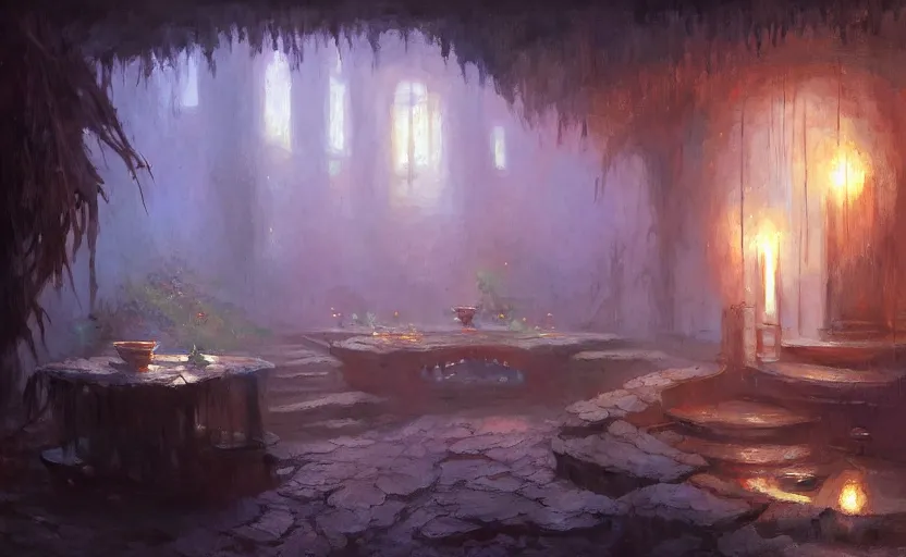 Prompt: painting of an interior of an otherworldly hot spring with candles, natural light, fantasy, lush plants and flowers, natural light, concept art, by greg rutkowski and craig mullins, cozy atmospheric and cinematic lighting, trending on artstation