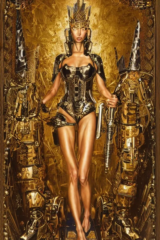 Prompt: portrait of christine turlington as warrior of dark futuristic robotic world, by jan van eyck, hajime sorayama, mysticism, intricate, highly ornate dark gold trim armoury