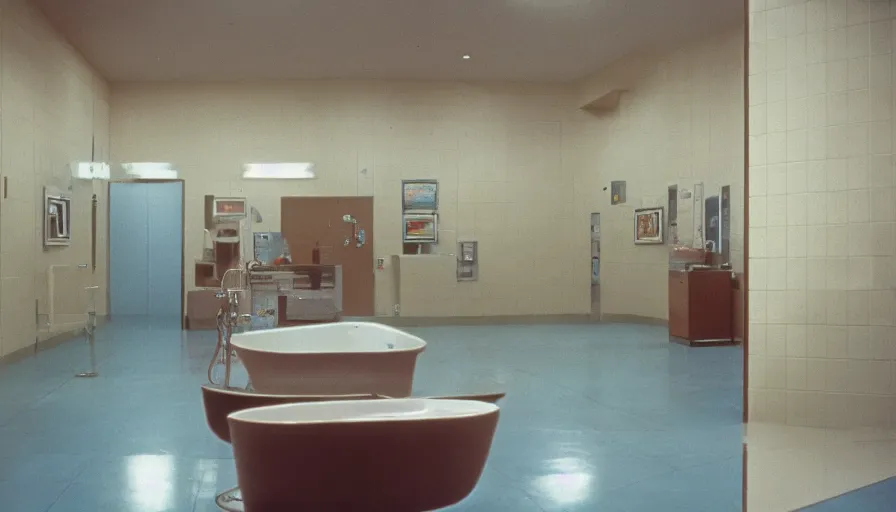 Image similar to 70s movie still of a empty very large bathroom, cinestill 800t Technicolor, heavy grain, high quality, criterion collection, liminal space style