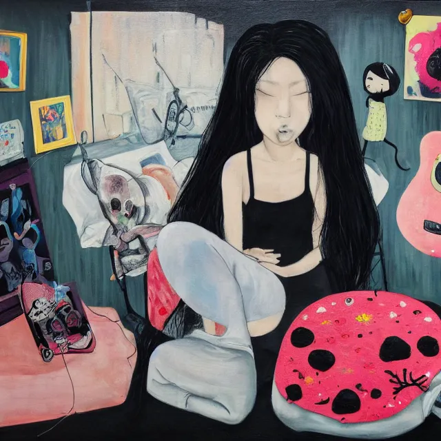 Prompt: a portrait in a female artist's zen bedroom, black walls, emo girl with plushies, sheet music, berries, surgical supplies, pancakes, black flowers, sensual, octopus, neo - expressionism, surrealism, acrylic and spray paint and oilstick on canvas