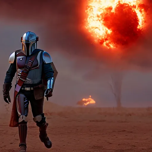 Prompt: the mandolorian walking away from huge explosion, 8k, cinematic, photorealistic