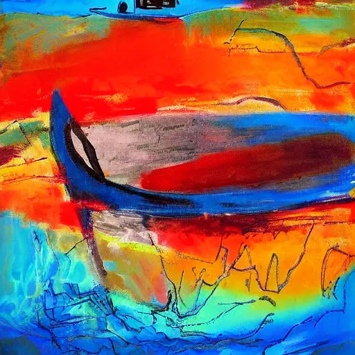 Prompt: a painting of a boat floating on a body of water, an abstract painting by ted degrazia, reddit contest winner, lyrical abstraction, mixed media, acrylic art, oil on canvas