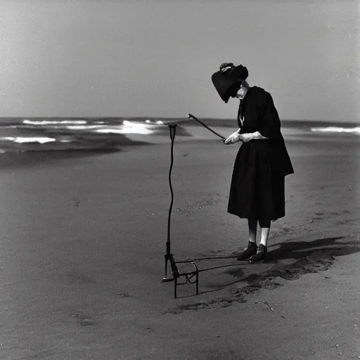 Image similar to an edwardian woman using a metal detector on the beach, black and white photograph