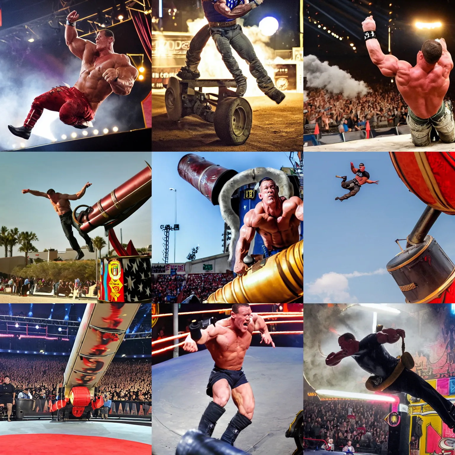 Prompt: john cena getting shot out of an oversized cannon like a circus act. The cannon has writing on it that says chonkers. Award winning action photography.