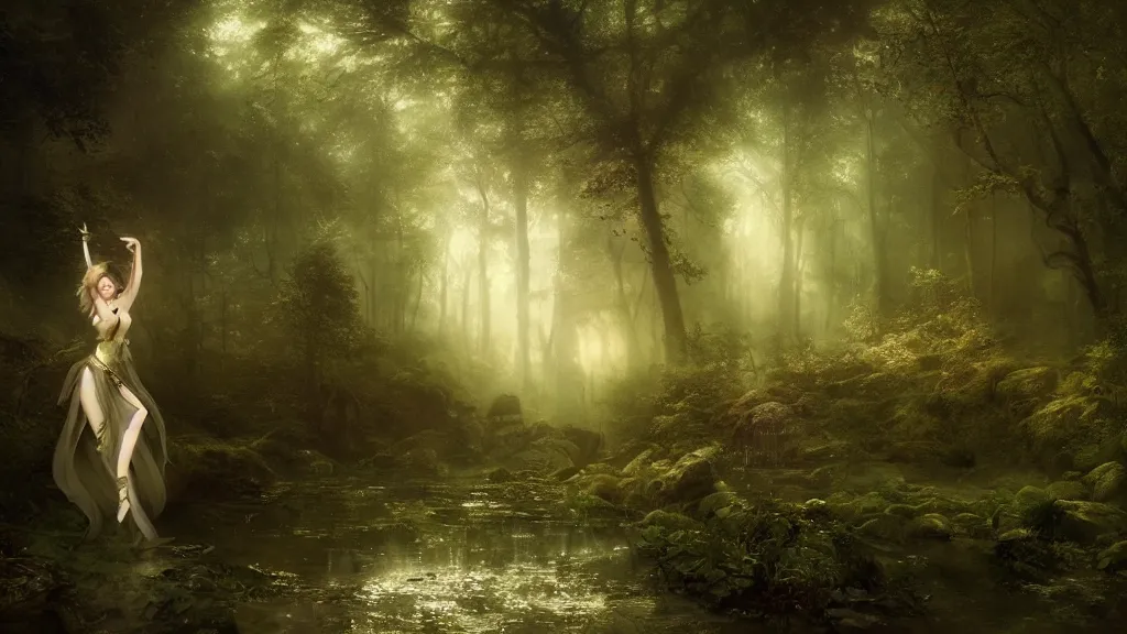 Image similar to elven princess dancing in the dark forest. andreas achenbach, artgerm, mikko lagerstedt, zack snyder, tokujin yoshioka