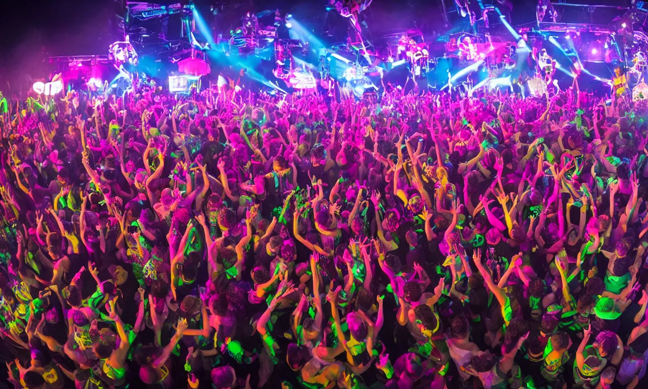 Image similar to lego rave, dance party, techno, speaker stacks, turntables, huge crowd, wooks, ravers