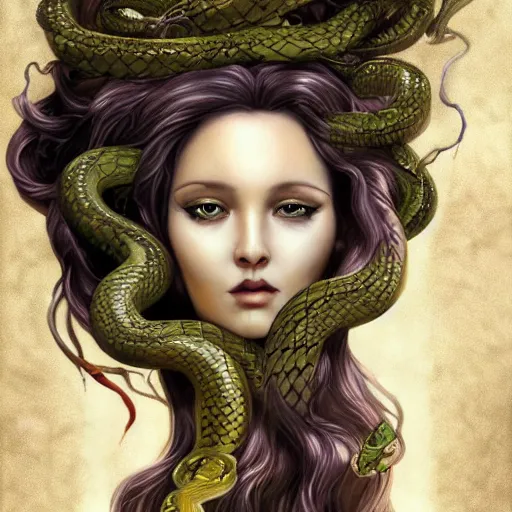 Image similar to realistic mythological greek medusa with snakes on the head, by anna dittmann