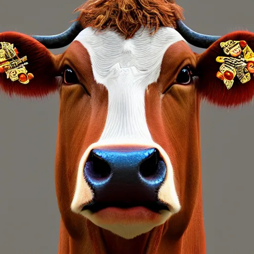 Image similar to portrait of a cow with the face of a man, hyper detailed, 3 / 4 shot, digital art, trending in artstation, cinematic lighting, studio quality, smooth render, unreal engine 5 rendered, octane rendered, art style by klimt and nixeu and ian sprigger and wlop and krenz cushart