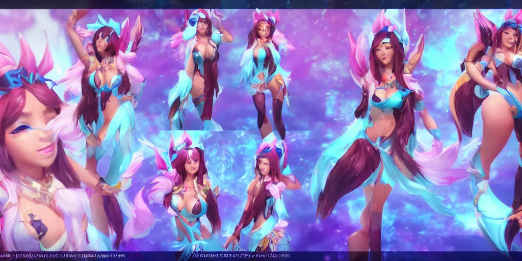 Image similar to beautiful character sheet of pool party Ahri (wild rift). 3d render, octane render, realistic, highly detailed, trending on artstation