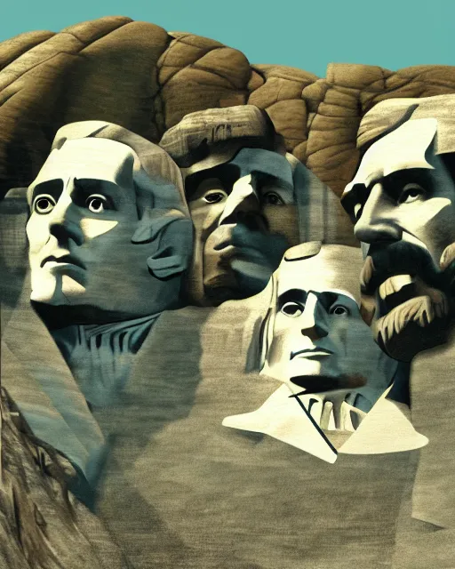 Prompt: painting of mount rushmore but with alan watts, epictetus and henry david thoreau, 3d render senior artist, photorealistic, textured, featured on artstation