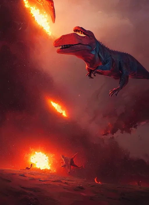 Prompt: dinosaurs fleeing from the incoming fiery asteroid by greg rutkowski