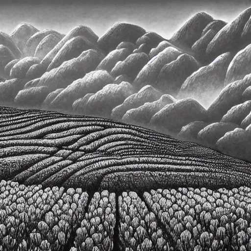 Prompt: Tall mountains, flower field by Kentaro Miura, highly detailed, black and white