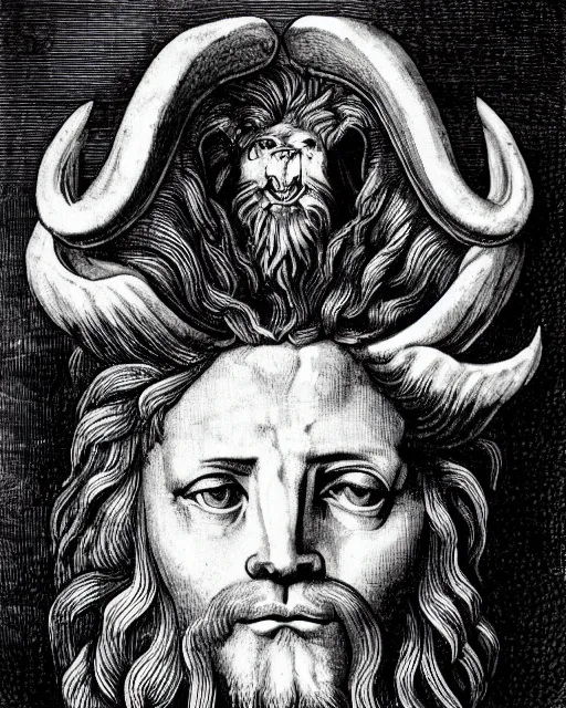 Image similar to four faces in one creature, eagle beak, lion mane, two large horns on the head, jesus face, drawn by da vinci