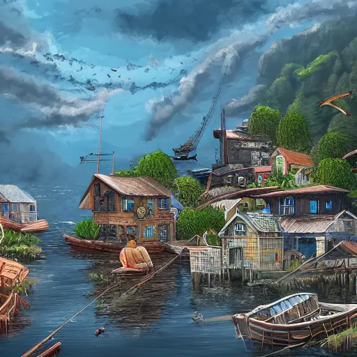 Prompt: a peaceful fishing village, digital painting, hyper detailed