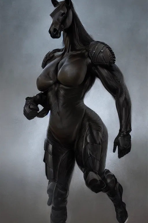 Image similar to an enormously muscular black - coated anthro horse at a research facility wearing skintight body armor, highly detailed, digital painting, artstation, concept art, illustration, art by artgerm, greg rutkowski, wlop