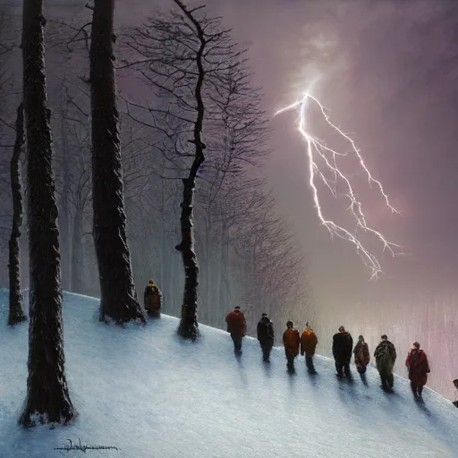 Prompt: a beautiful painting of group of climbers, extreme cold, storm, octane rendering, grim, dark, gloomy, cruel, volumetric lightning, hyperrealism, no blur, 4 k resolution, ultra detailed, style of john atkinson grimshaw, ivan shishkin, tyler edlin, scott listfield, eric zener