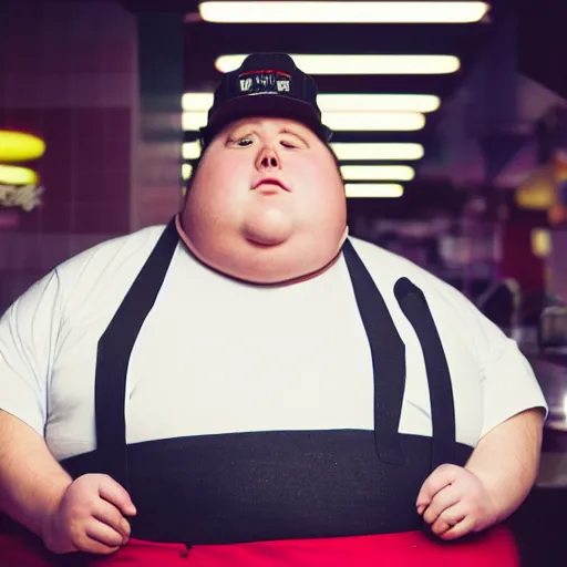 Prompt: extremely obese man portrait working in a fast food restaurant, in a cinematic cyberpunk style, 3 5 mm