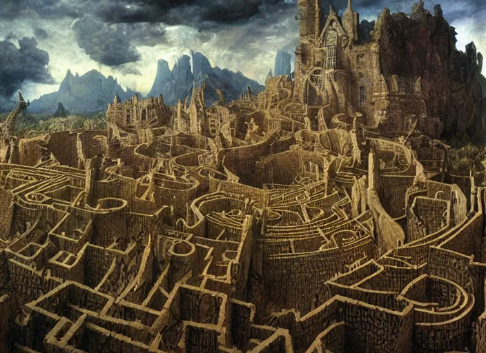 Image similar to jim henson's labyrinth an impossible maze filled with twisted turns a goblin city and a castle looming in the background by edgar maxence and caravaggio and michael whelan and delacroix style, artistic, intricate painting, cinematic lighting, hyper realistic, extremely detailed, vivid colors, establishing shot, dramatic lighting