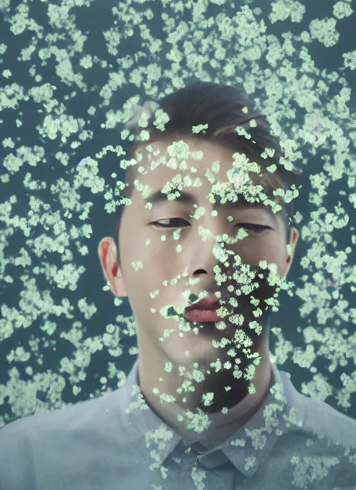 Image similar to double exposure portrait of a man looking out of a window at flowers, an album cover by hsiao - ron cheng, art photography, unsplash, aestheticism, multiple exposure, glitch art, ethereal