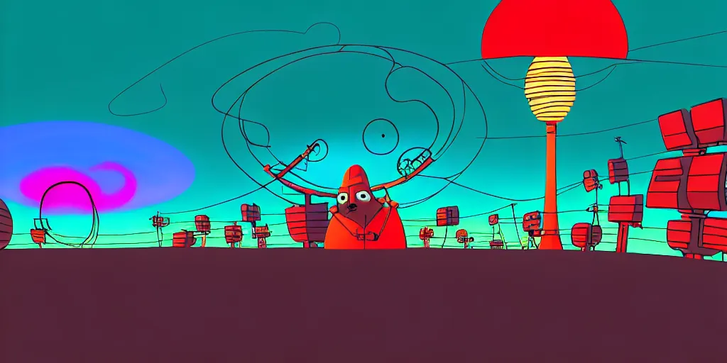 Image similar to night chubby cartoon concept art, red tv transmission antenna, from lorax movie, black blue green, spiral clouds, sam and max