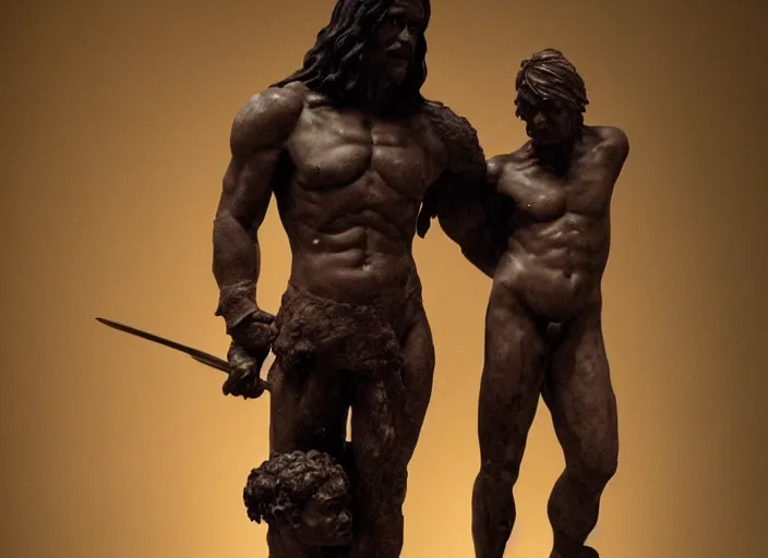 Prompt: a full figure rubber sculpture of a small conan the barbarian standing in front of a giant golem, by Michelangelo, dramatic lighting, rough texture, subsurface scattering, wide angle lens