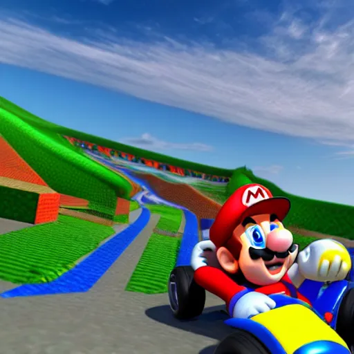 Image similar to A Mario Kart uniquely crafted high quality Track in the clouds at sunrise.