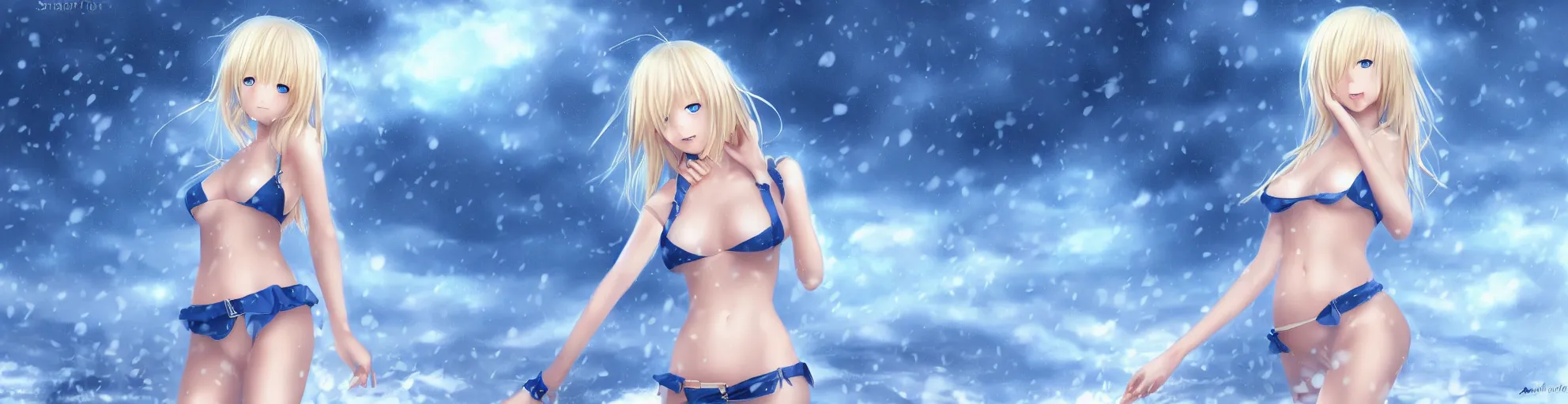 Image similar to full body shot : a very beautiful young blond anime girl on a snowstorm, sky blue eyes,, bikini, miniskirt, highly detailed, cinematic wallpaper by stanley artgerm lau