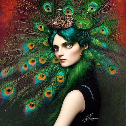 Prompt: a painting of a woman with green eyes and hair made of peacock plummage, a surrealist painting by Tom Bagshaw, featured on cgsociety, pop surrealism, surrealist, wiccan, pre-raphaelite