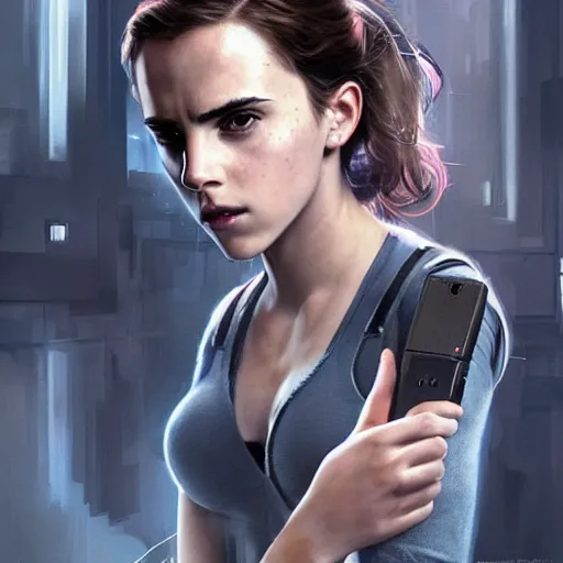 Image similar to a girl who is a mix of emma watson and scarlett johansson and nathalie portman, plugging herself to a computer through an usb cable and a port in her arm, very detailled, by david rutkowski and artgem