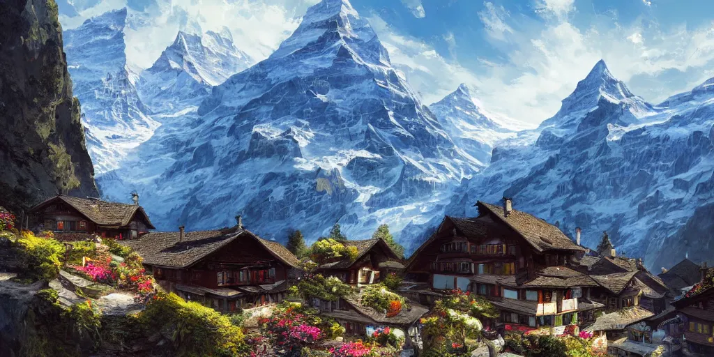 Image similar to switzerland wengen beautiful landscape, ultrafine highly detailed hyper colorful illustration, sharp focus, rozalski, craig mullins, unreal engine highly rendered, global illumination, radiant light, intricate and detailed environment