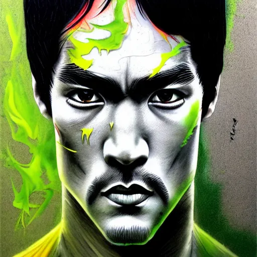 Image similar to a demon slayer portrait of bruce lee, tall, pale - skinned, and slender with lime green eyes and long eyelashes by stanley artgerm, tom bagshaw, arthur adams, carne griffiths, trending on deviant art, street art, face enhance, chillwave, maximalist, full of color, glittering